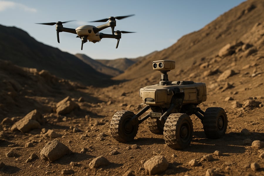 Autonomous drone and robotic rover exploring rugged terrain