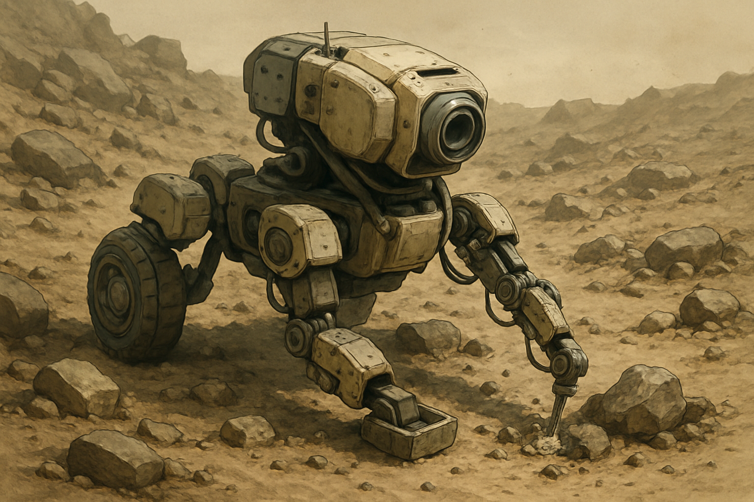 Robotic ground unit collecting geological samples on rocky surface