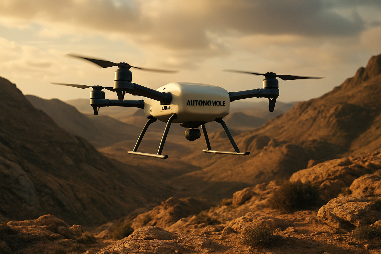 Autonomous drone flying over rugged terrain