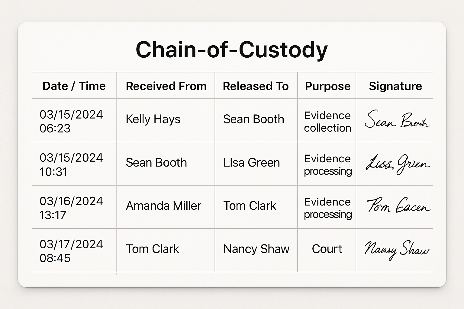 Digital records showing sample chain-of-custody